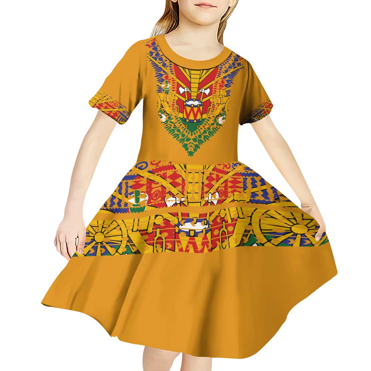 Haiti Flag Traditional Dashiki Kid Short Sleeve Dress Yellow Color