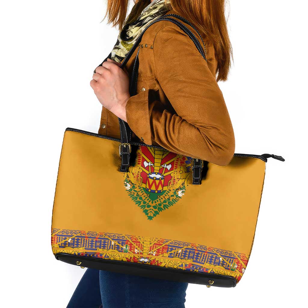 Haiti Flag Traditional Dashiki Leather Tote Bag Yellow Color
