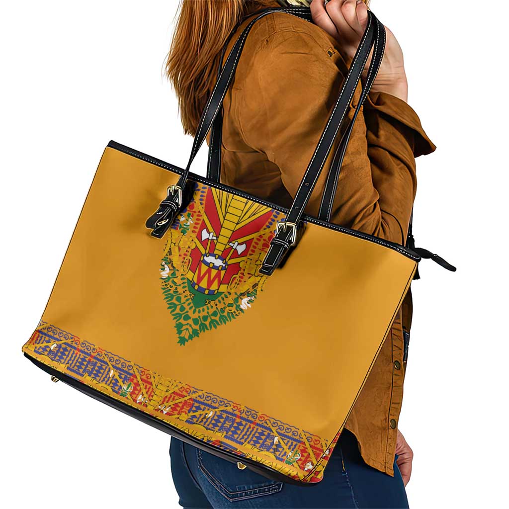 Haiti Flag Traditional Dashiki Leather Tote Bag Yellow Color