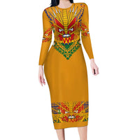 Haiti Flag Traditional Dashiki Long Sleeve Bodycon Dress Yellow Color