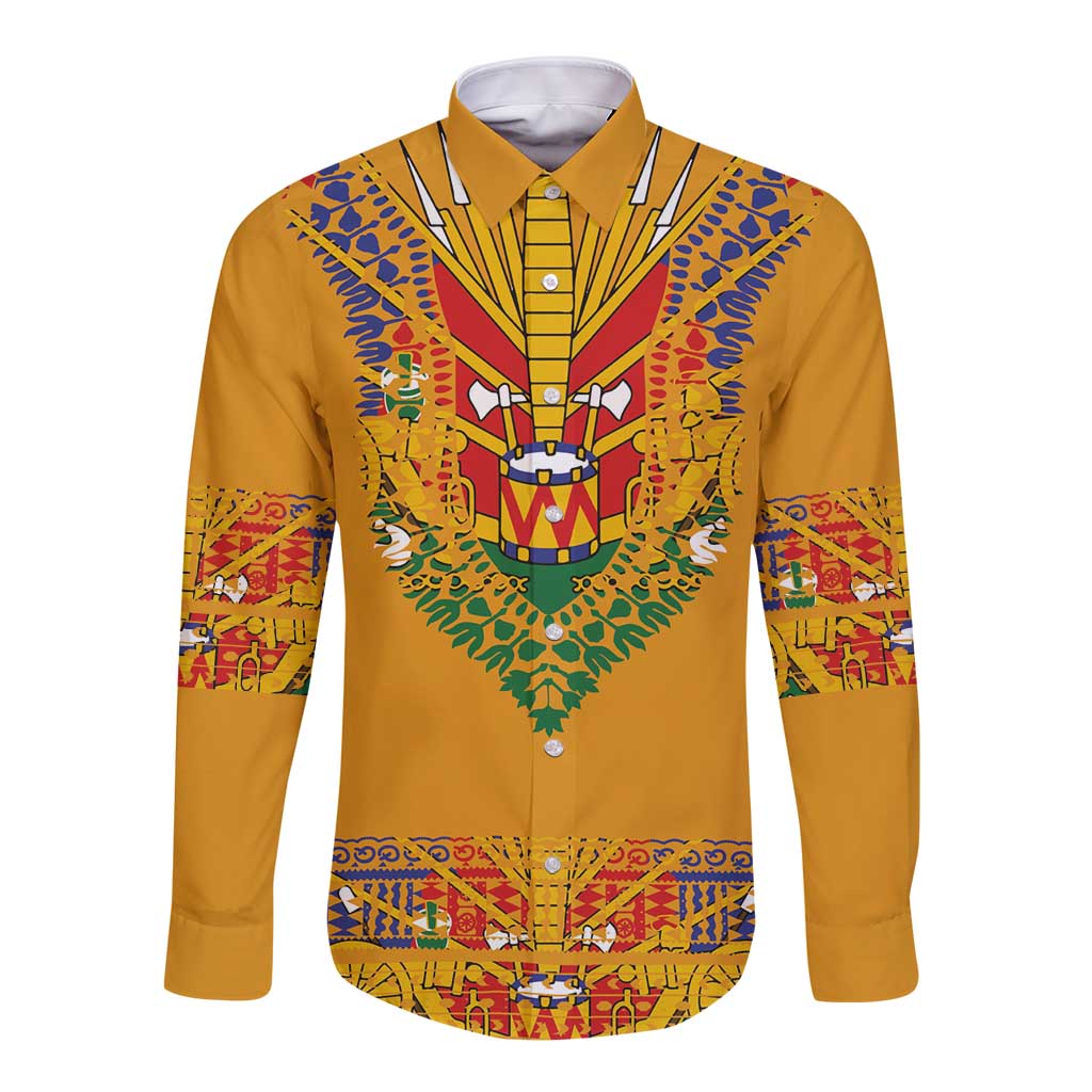 Haiti Flag Traditional Dashiki Long Sleeve Button Shirt Yellow Color