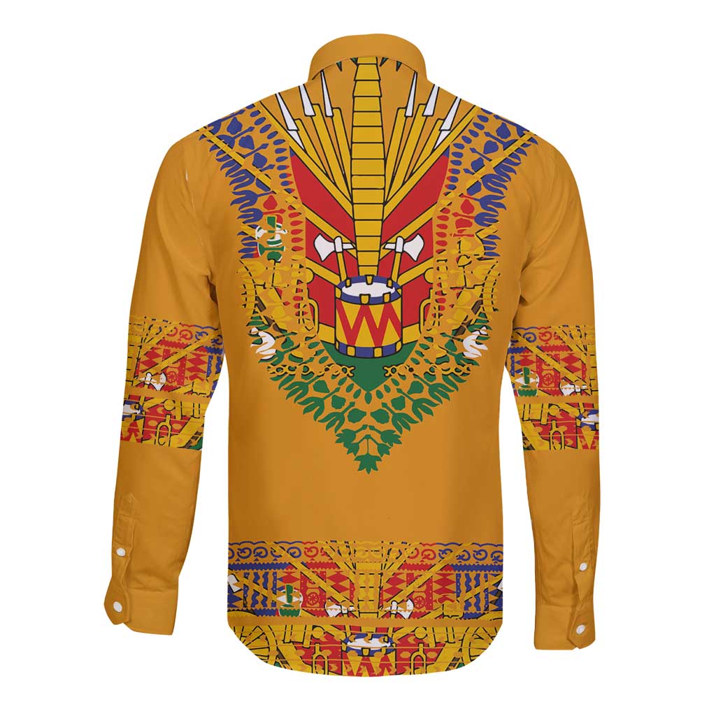 Haiti Flag Traditional Dashiki Long Sleeve Button Shirt Yellow Color