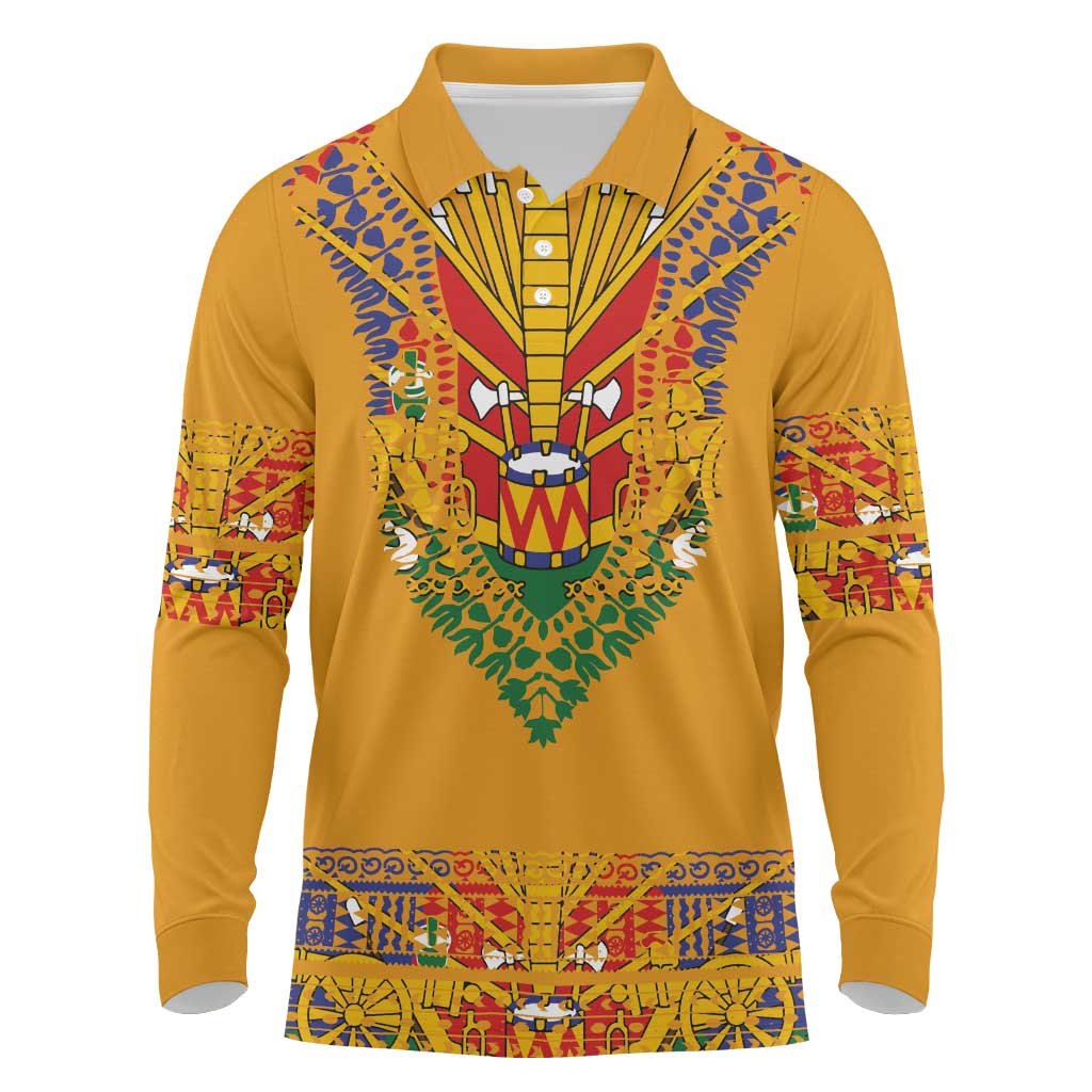 Haiti Flag Traditional Dashiki Long Sleeve Polo Shirt Yellow Color