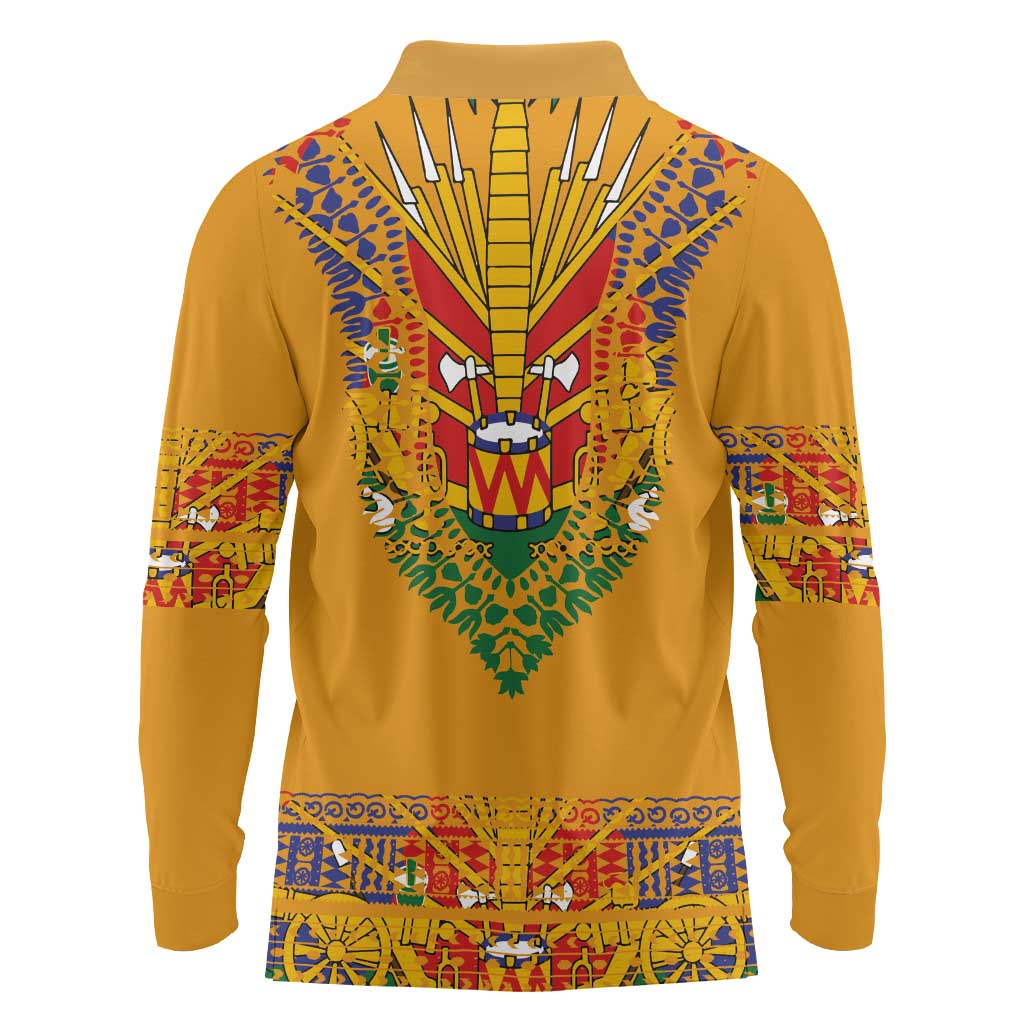 Haiti Flag Traditional Dashiki Long Sleeve Polo Shirt Yellow Color