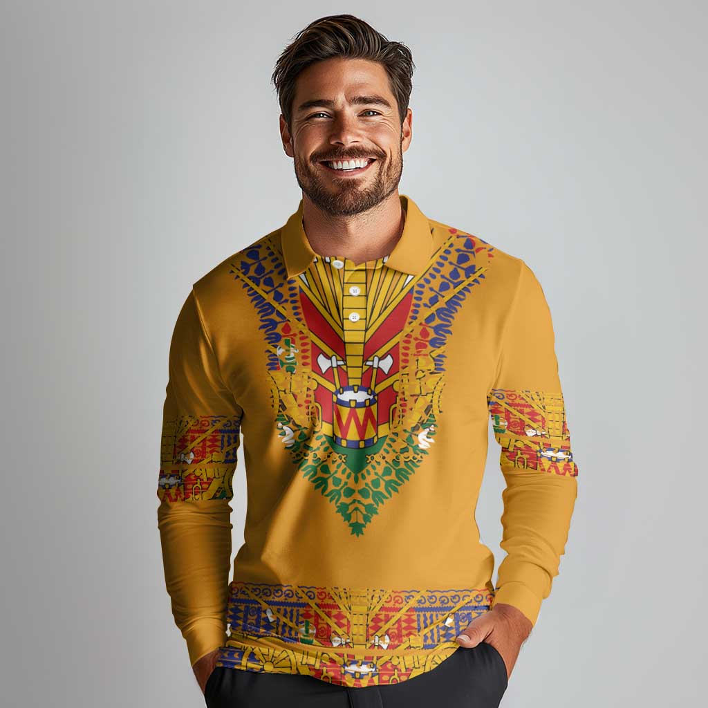 Haiti Flag Traditional Dashiki Long Sleeve Polo Shirt Yellow Color