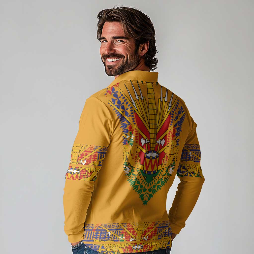 Haiti Flag Traditional Dashiki Long Sleeve Polo Shirt Yellow Color