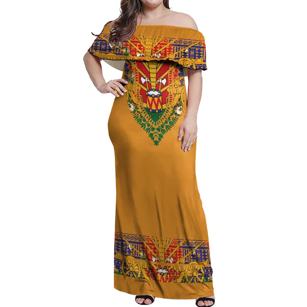 Haiti Flag Traditional Dashiki Off Shoulder Maxi Dress Yellow Color
