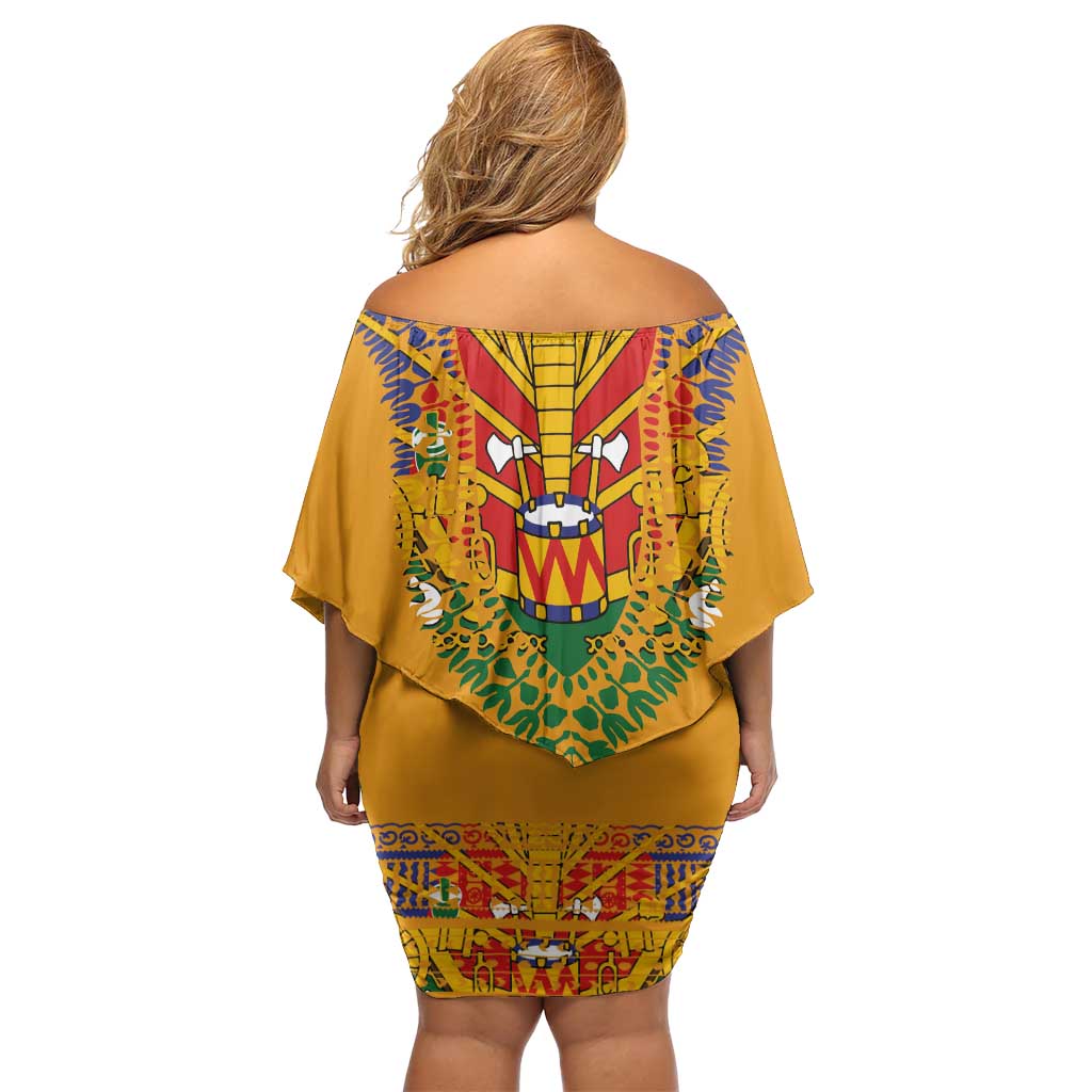 Haiti Flag Traditional Dashiki Off Shoulder Short Dress Yellow Color