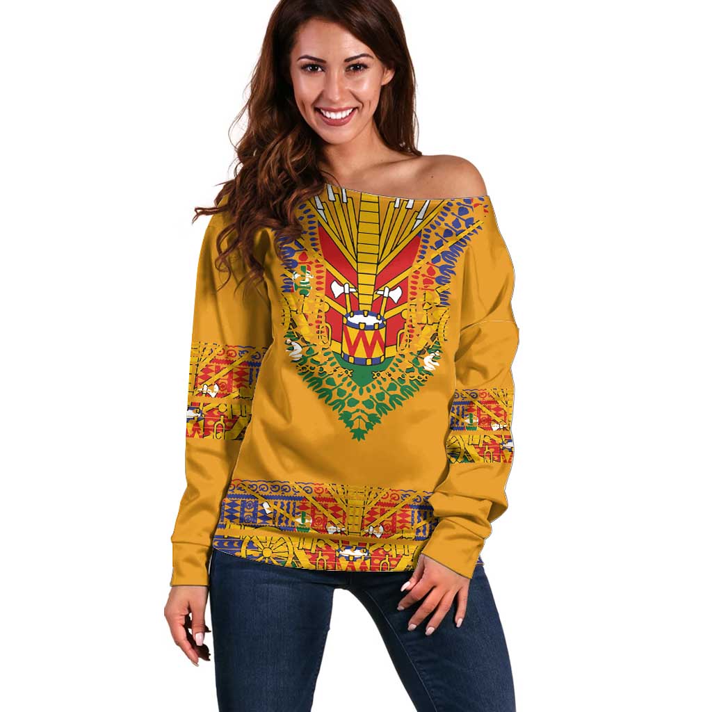 Haiti Flag Traditional Dashiki Off Shoulder Sweater Yellow Color