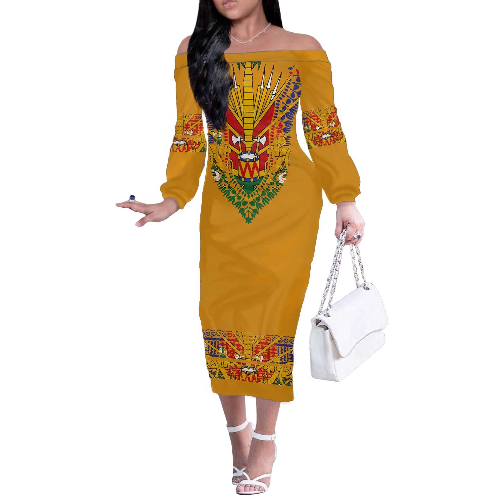 Haiti Flag Traditional Dashiki Off The Shoulder Long Sleeve Dress Yellow Color