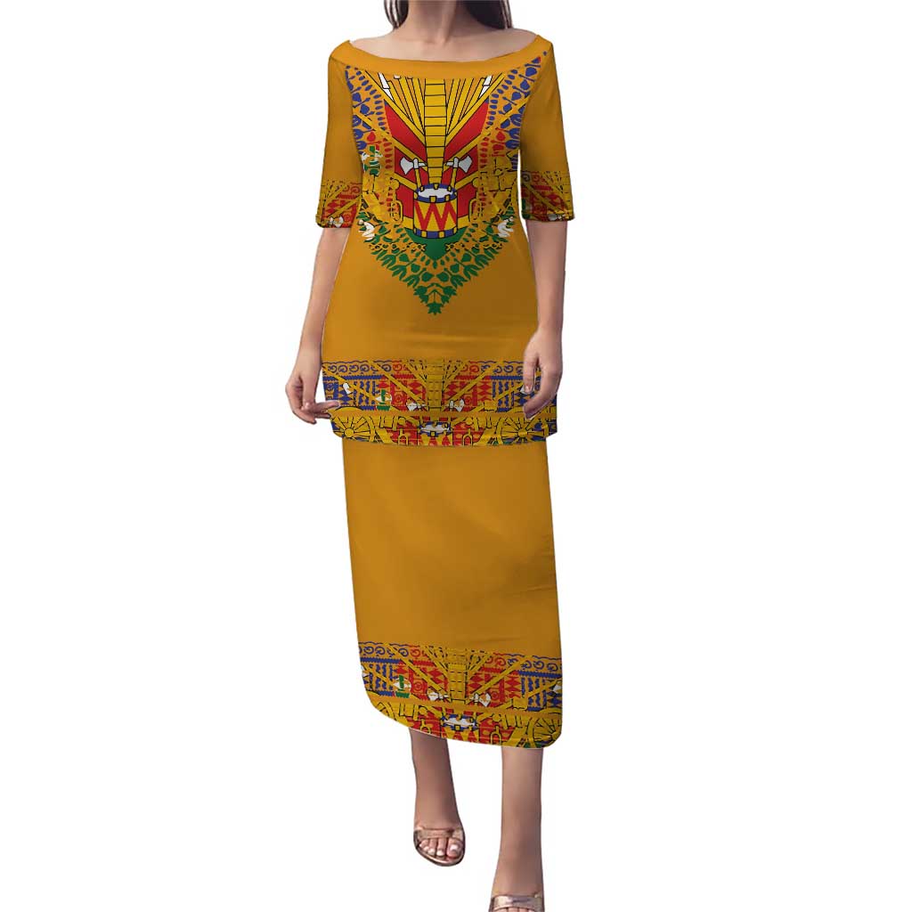 Haiti Flag Traditional Dashiki Puletasi Yellow Color