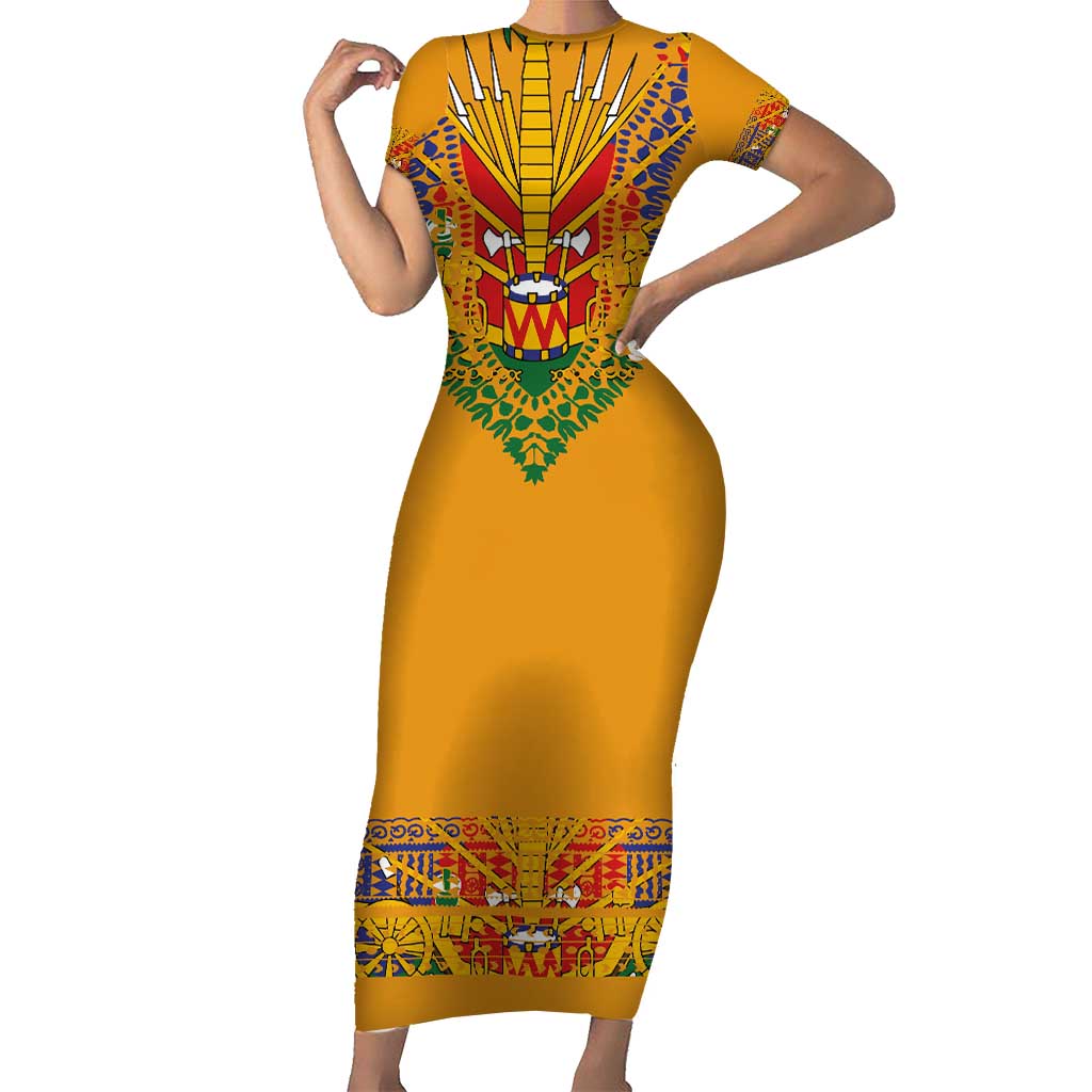 Haiti Flag Traditional Dashiki Short Sleeve Bodycon Dress Yellow Color