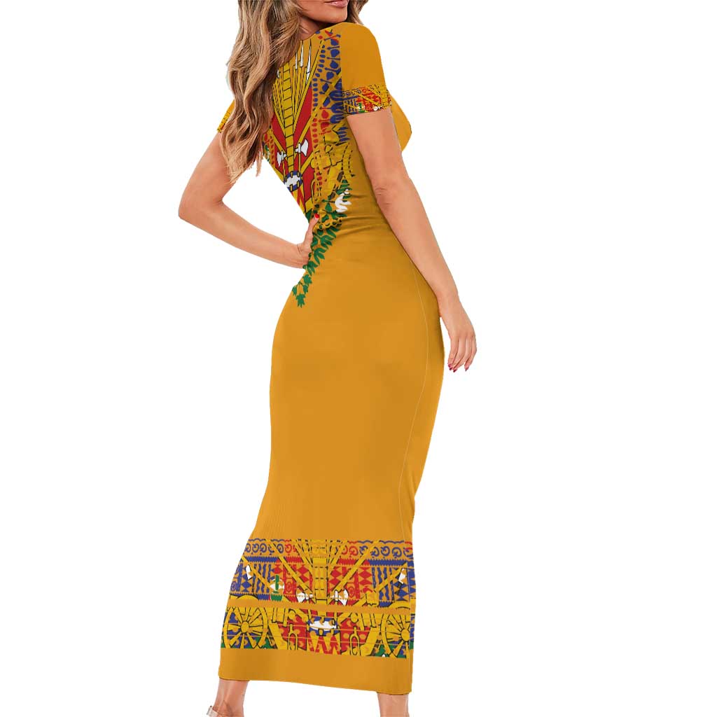 Haiti Flag Traditional Dashiki Short Sleeve Bodycon Dress Yellow Color