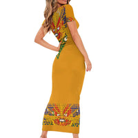 Haiti Flag Traditional Dashiki Short Sleeve Bodycon Dress Yellow Color