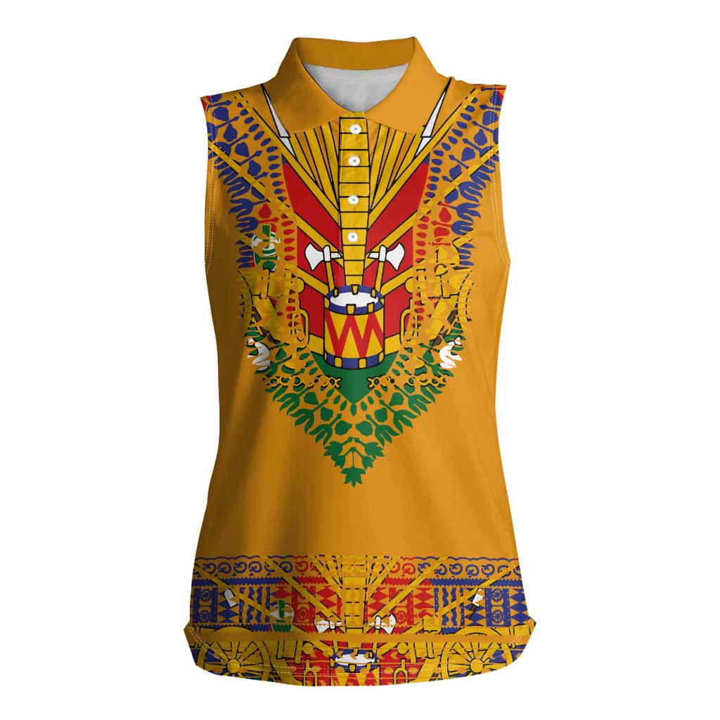Haiti Flag Traditional Dashiki Women Sleeveless Polo Shirt Yellow Color