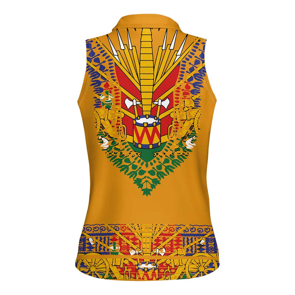 Haiti Flag Traditional Dashiki Women Sleeveless Polo Shirt Yellow Color