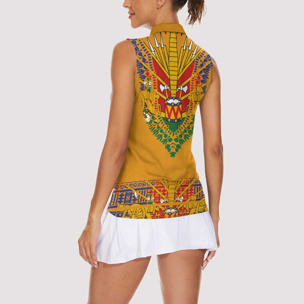 Haiti Flag Traditional Dashiki Women Sleeveless Polo Shirt Yellow Color