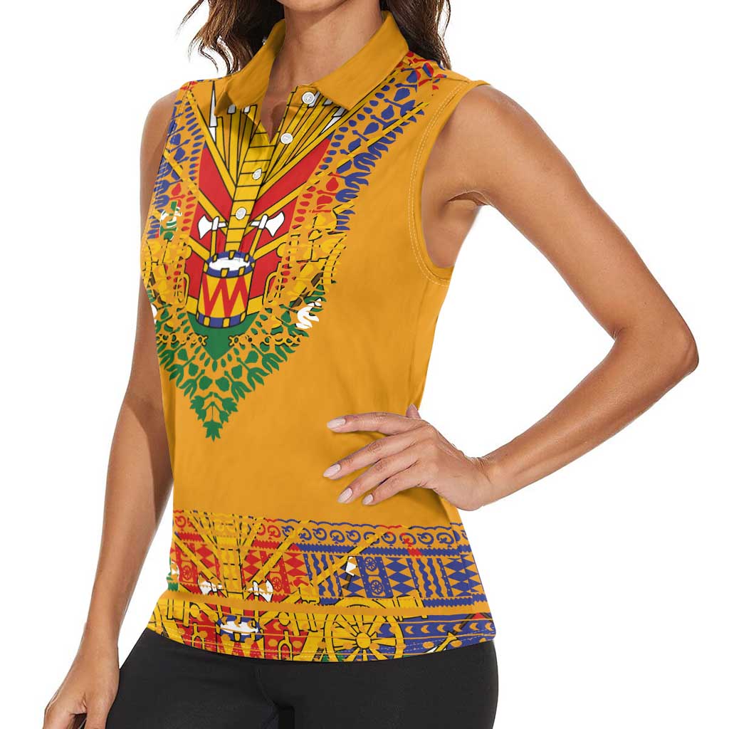 Haiti Flag Traditional Dashiki Women Sleeveless Polo Shirt Yellow Color