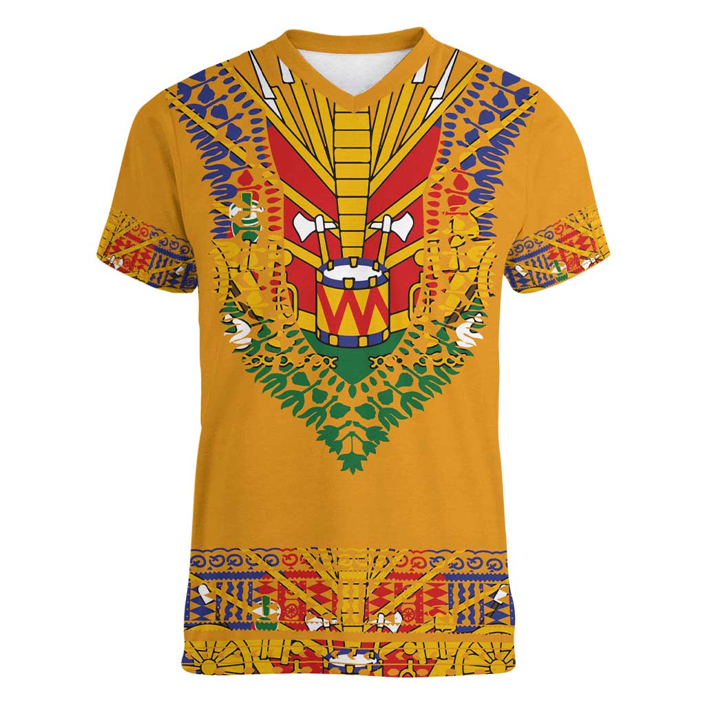Haiti Flag Traditional Dashiki Women V-Neck T-Shirt Yellow Color