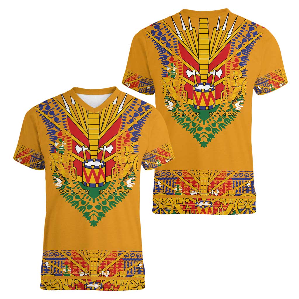 Haiti Flag Traditional Dashiki Women V-Neck T-Shirt Yellow Color