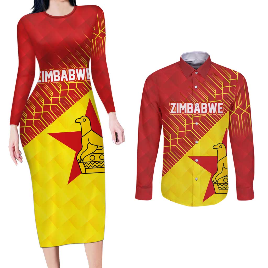 Custom Zimbabwe Cricket Couples Matching Long Sleeve Bodycon Dress and Long Sleeve Button Shirt Flame Warriors Zimbabwe Spirit - Wonder Print Shop