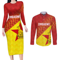 Custom Zimbabwe Cricket Couples Matching Long Sleeve Bodycon Dress and Long Sleeve Button Shirt Flame Warriors Zimbabwe Spirit - Wonder Print Shop