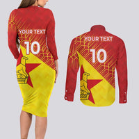 Custom Zimbabwe Cricket Couples Matching Long Sleeve Bodycon Dress and Long Sleeve Button Shirt Flame Warriors Zimbabwe Spirit - Wonder Print Shop