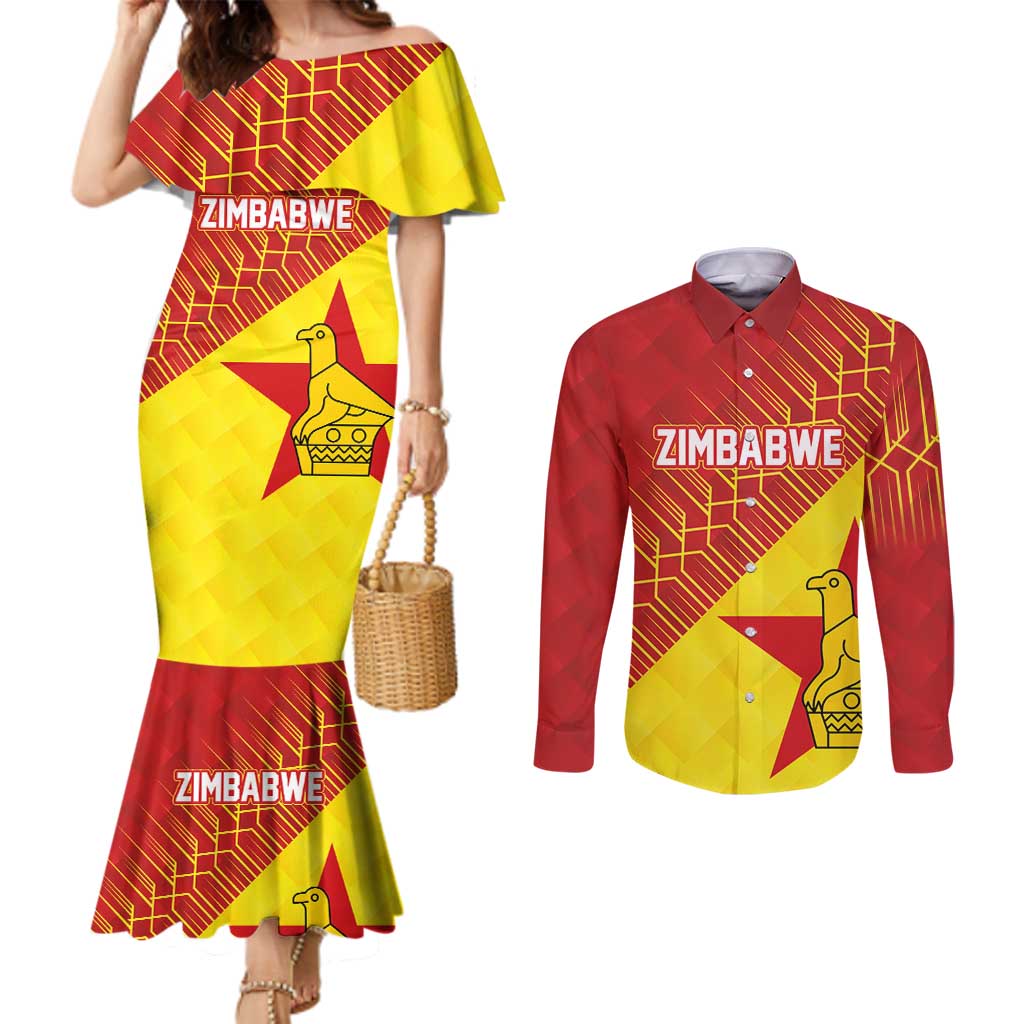 Custom Zimbabwe Cricket Couples Matching Mermaid Dress and Long Sleeve Button Shirt Flame Warriors Zimbabwe Spirit - Wonder Print Shop