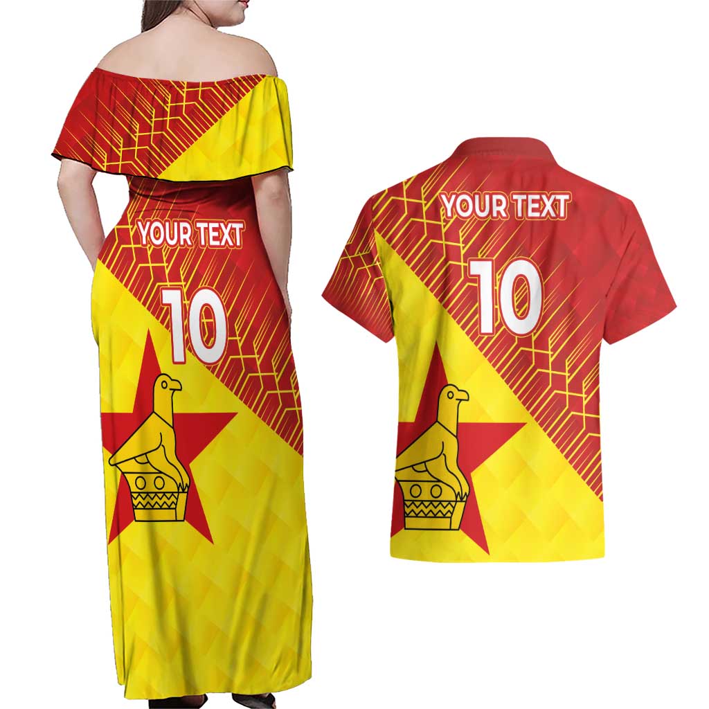 Custom Zimbabwe Cricket Couples Matching Off Shoulder Maxi Dress and Hawaiian Shirt Flame Warriors Zimbabwe Spirit - Wonder Print Shop