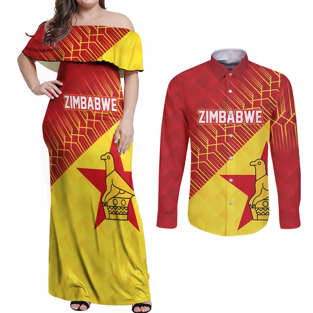 Custom Zimbabwe Cricket Couples Matching Off Shoulder Maxi Dress and Long Sleeve Button Shirt Flame Warriors Zimbabwe Spirit - Wonder Print Shop