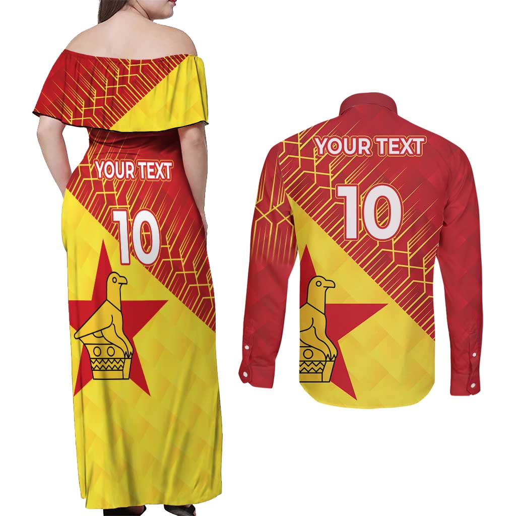 Custom Zimbabwe Cricket Couples Matching Off Shoulder Maxi Dress and Long Sleeve Button Shirt Flame Warriors Zimbabwe Spirit - Wonder Print Shop