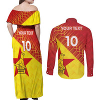Custom Zimbabwe Cricket Couples Matching Off Shoulder Maxi Dress and Long Sleeve Button Shirt Flame Warriors Zimbabwe Spirit - Wonder Print Shop