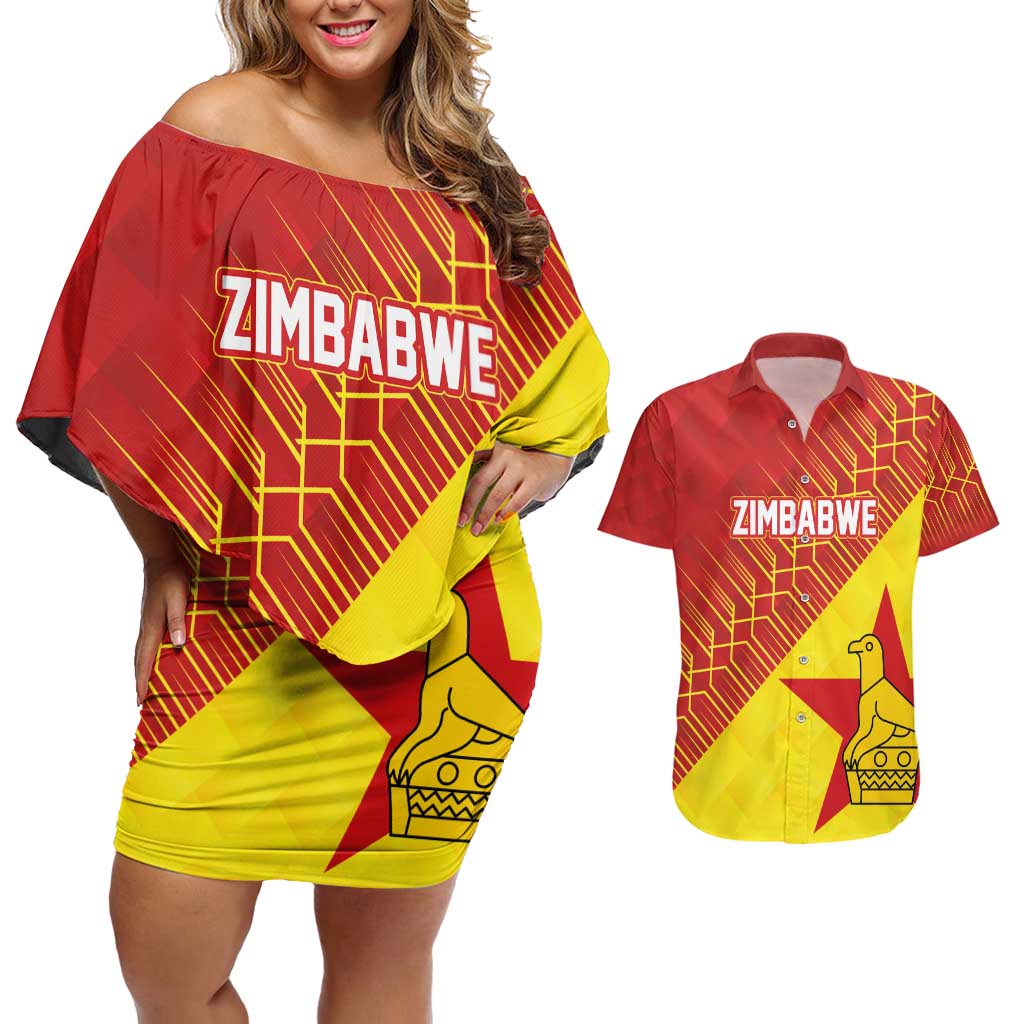 Custom Zimbabwe Cricket Couples Matching Off Shoulder Short Dress and Hawaiian Shirt Flame Warriors Zimbabwe Spirit - Wonder Print Shop