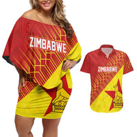 Custom Zimbabwe Cricket Couples Matching Off Shoulder Short Dress and Hawaiian Shirt Flame Warriors Zimbabwe Spirit - Wonder Print Shop
