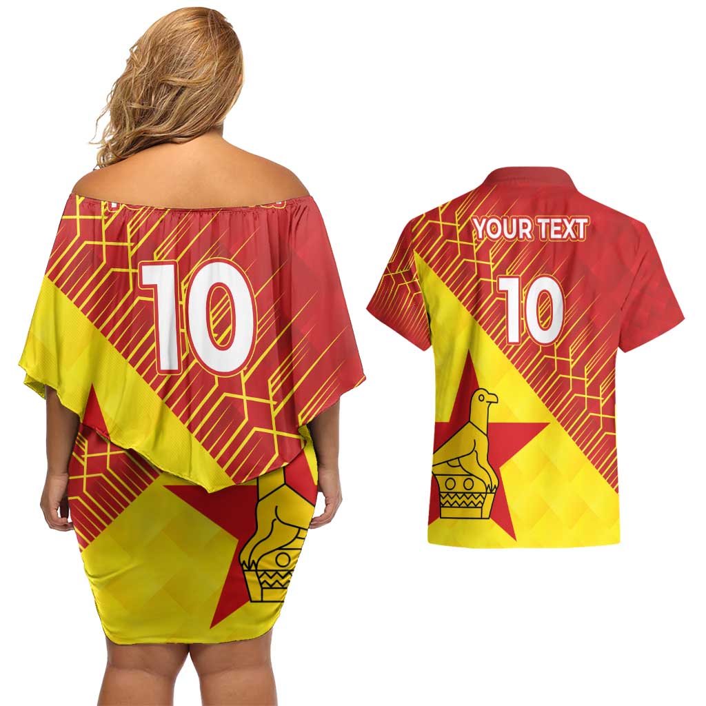 Custom Zimbabwe Cricket Couples Matching Off Shoulder Short Dress and Hawaiian Shirt Flame Warriors Zimbabwe Spirit - Wonder Print Shop