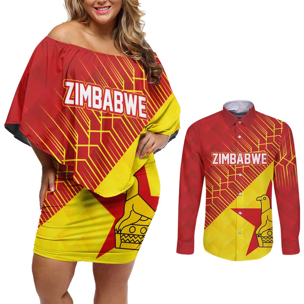 Custom Zimbabwe Cricket Couples Matching Off Shoulder Short Dress and Long Sleeve Button Shirt Flame Warriors Zimbabwe Spirit - Wonder Print Shop