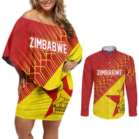 Custom Zimbabwe Cricket Couples Matching Off Shoulder Short Dress and Long Sleeve Button Shirt Flame Warriors Zimbabwe Spirit - Wonder Print Shop