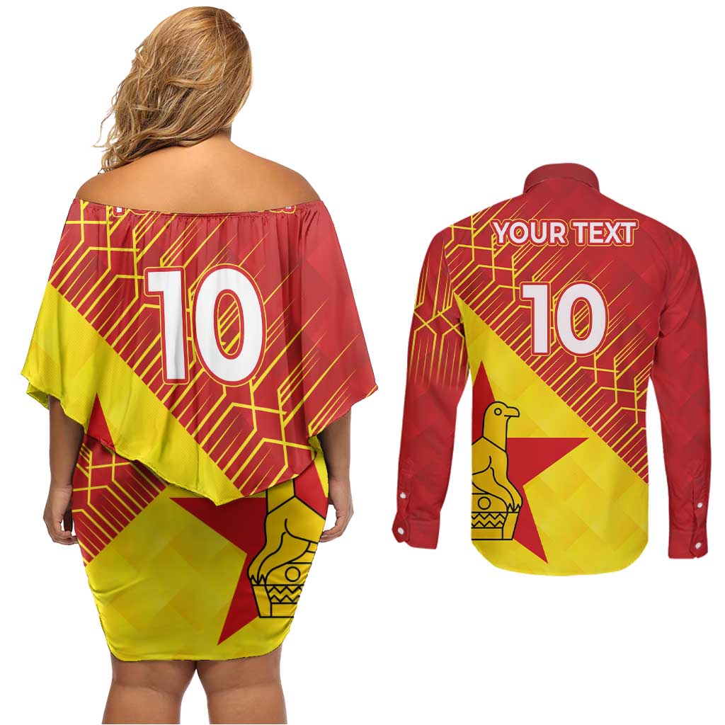 Custom Zimbabwe Cricket Couples Matching Off Shoulder Short Dress and Long Sleeve Button Shirt Flame Warriors Zimbabwe Spirit - Wonder Print Shop