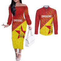 Custom Zimbabwe Cricket Couples Matching Off The Shoulder Long Sleeve Dress and Long Sleeve Button Shirt Flame Warriors Zimbabwe Spirit - Wonder Print Shop