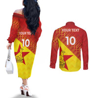 Custom Zimbabwe Cricket Couples Matching Off The Shoulder Long Sleeve Dress and Long Sleeve Button Shirt Flame Warriors Zimbabwe Spirit - Wonder Print Shop
