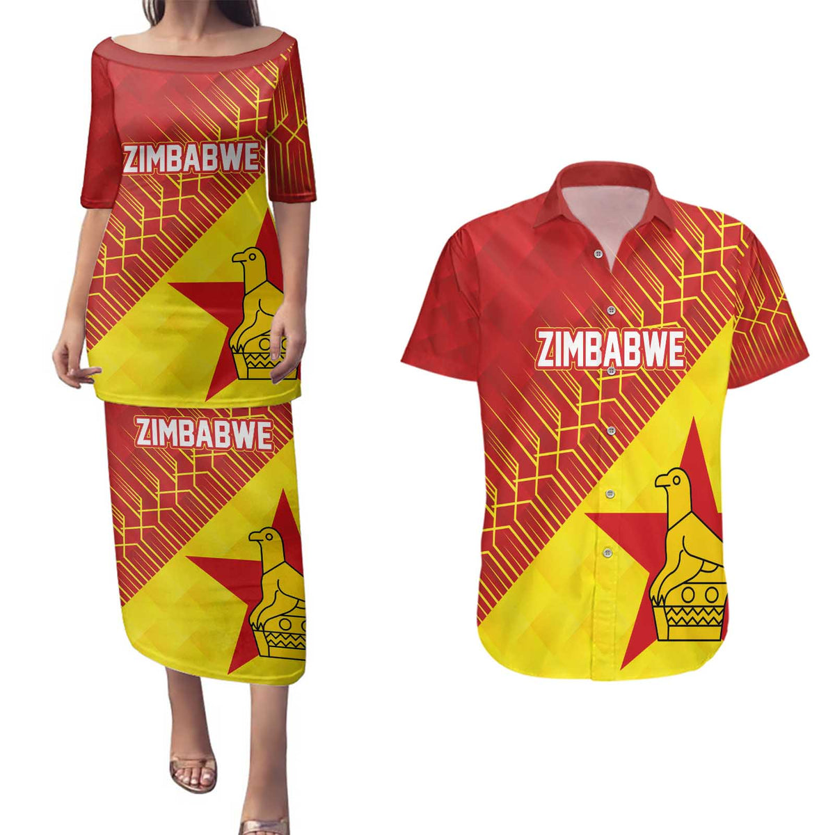 Custom Zimbabwe Cricket Couples Matching Puletasi and Hawaiian Shirt Flame Warriors Zimbabwe Spirit - Wonder Print Shop