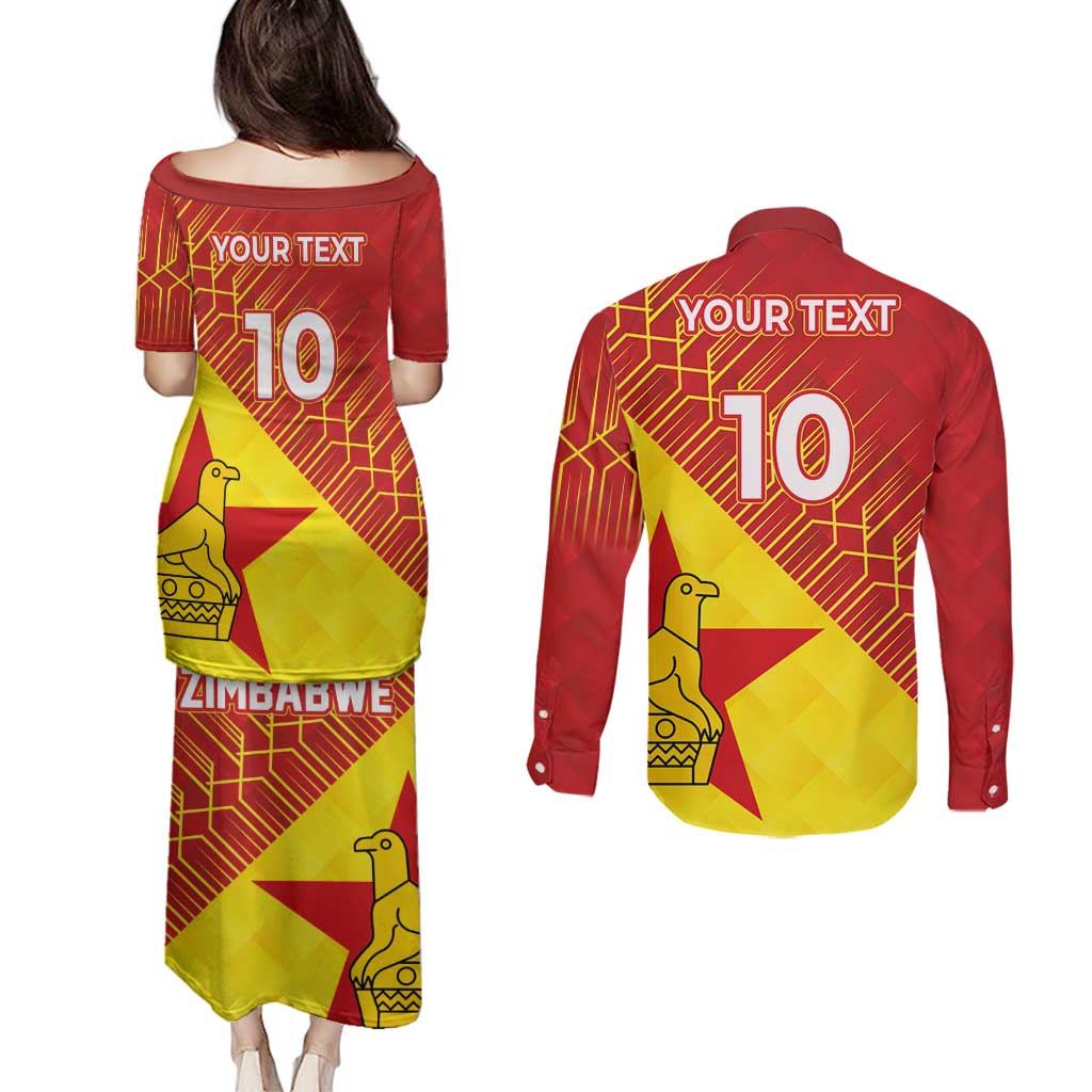 Custom Zimbabwe Cricket Couples Matching Puletasi and Long Sleeve Button Shirt Flame Warriors Zimbabwe Spirit - Wonder Print Shop