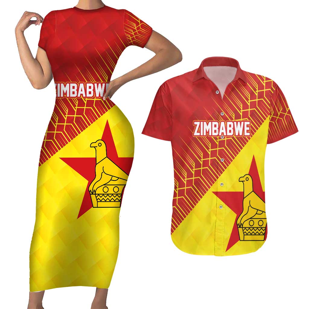 Custom Zimbabwe Cricket Couples Matching Short Sleeve Bodycon Dress and Hawaiian Shirt Flame Warriors Zimbabwe Spirit - Wonder Print Shop