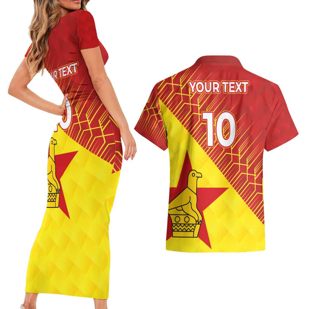 Custom Zimbabwe Cricket Couples Matching Short Sleeve Bodycon Dress and Hawaiian Shirt Flame Warriors Zimbabwe Spirit - Wonder Print Shop