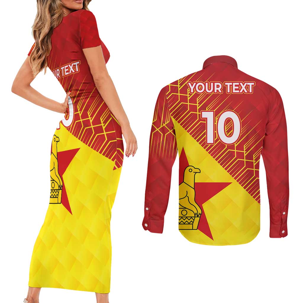 Custom Zimbabwe Cricket Couples Matching Short Sleeve Bodycon Dress and Long Sleeve Button Shirt Flame Warriors Zimbabwe Spirit - Wonder Print Shop