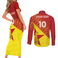 Custom Zimbabwe Cricket Couples Matching Short Sleeve Bodycon Dress and Long Sleeve Button Shirt Flame Warriors Zimbabwe Spirit - Wonder Print Shop