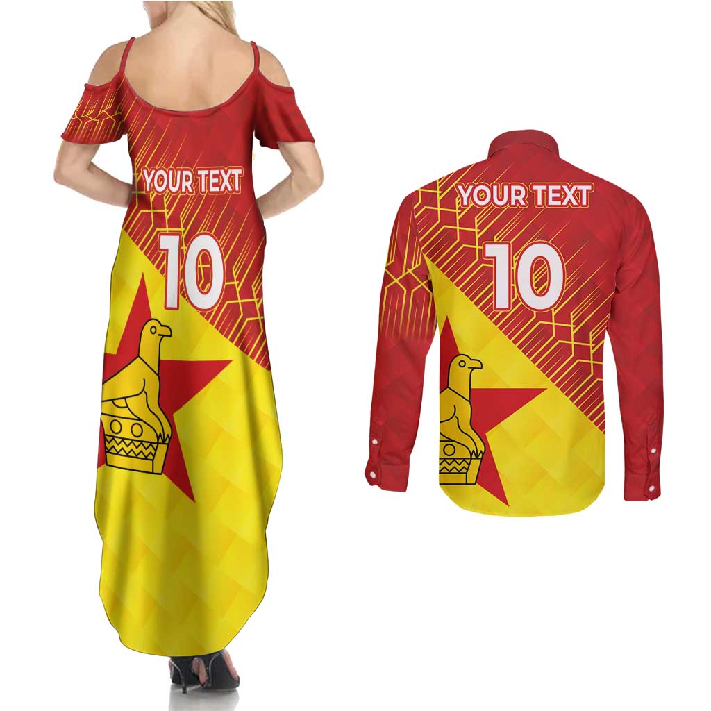 Custom Zimbabwe Cricket Couples Matching Summer Maxi Dress and Long Sleeve Button Shirt Flame Warriors Zimbabwe Spirit - Wonder Print Shop