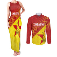 Custom Zimbabwe Cricket Couples Matching Tank Maxi Dress and Long Sleeve Button Shirt Flame Warriors Zimbabwe Spirit - Wonder Print Shop