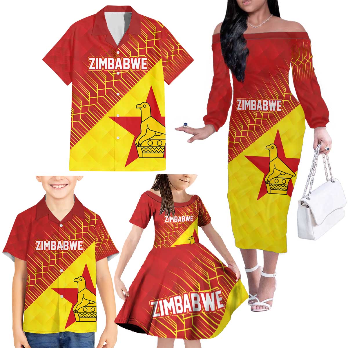 Custom Zimbabwe Cricket Family Matching Off The Shoulder Long Sleeve Dress and Hawaiian Shirt Flame Warriors Zimbabwe Spirit - Wonder Print Shop