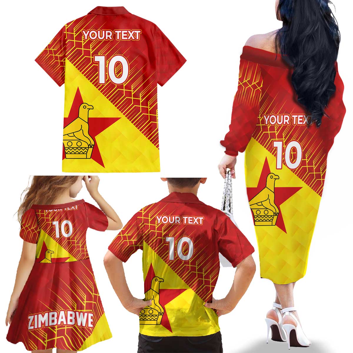 Custom Zimbabwe Cricket Family Matching Off The Shoulder Long Sleeve Dress and Hawaiian Shirt Flame Warriors Zimbabwe Spirit - Wonder Print Shop